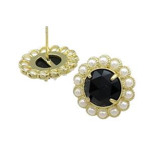 Copper Circle Stud Earrings Pave Black Onyx Pearlized Resin Gold Plated, approx 18mm
