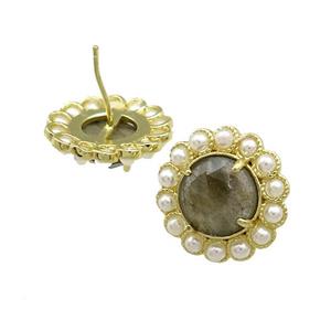 Copper Circle Stud Earrings Pave Labradorite Pearlized Resin Gold Plated, approx 18mm