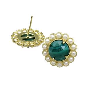 Copper Circle Stud Earrings Pave Green Malachite Pearlized Resin Gold Plated, approx 18mm