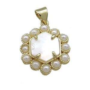Copper Hexagon Pendant Pave White Shell Pearlized Resin Gold Plated, approx 18mm