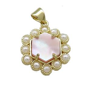 Copper Hexagon Pendant Pave Pink Queen Shell Pearlized Resin Gold Plated, approx 18mm