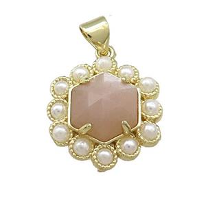 Copper Hexagon Pendant Pave Peach Sunstone Pearlized Resin Gold Plated, approx 18mm