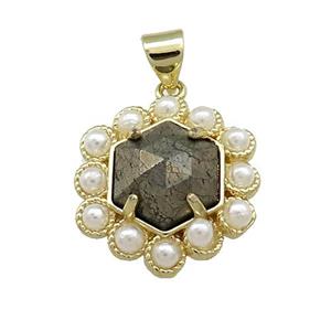 Copper Hexagon Pendant Pave Pyrite Pearlized Resin Gold Plated, approx 18mm