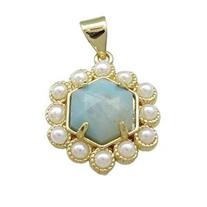 Copper Hexagon Pendant Pave Blue Amazonite Pearlized Resin Gold Plated, approx 18mm