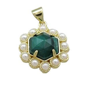 Copper Hexagon Pendant Pave Malachite Pearlized Resin Gold Plated, approx 18mm