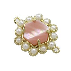 Copper Hexagon Connector Pave Pink Queen Shell Pearlized Resin Gold Plated, approx 18mm