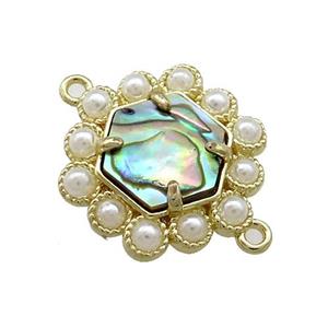 Copper Hexagon Connector Pave Abalone Shell Pearlized Resin Gold Plated, approx 18mm