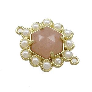 Copper Hexagon Connector Pave Peach Sunstone Pearlized Resin Gold Plated, approx 18mm