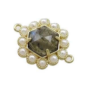 Copper Hexagon Connector Pave Labradorite Pearlized Resin Gold Plated, approx 18mm