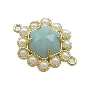 Copper Hexagon Connector Pave Blue Amazonite Pearlized Resin Gold Plated, approx 18mm