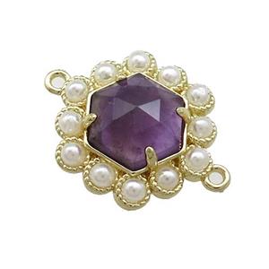 Copper Hexagon Connector Pave Purple Amethyst Pearlized Resin Gold Plated, approx 18mm