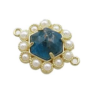 Copper Hexagon Connector Pave Blue Apatite Pearlized Resin Gold Plated, approx 18mm