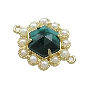 Copper Hexagon Connector Pave Green Malachite Pearlized Resin Gold Plated, approx 18mm