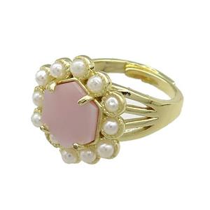 Copper Hexagon Rings Pave Pink Queen Shell Pearlized Resin Adjustable Gold Plated, approx 18mm, 18mm dia