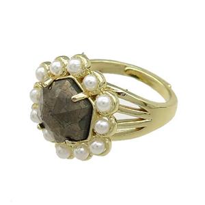 Copper Hexagon Rings Pave Pyrite Pearlized Resin Adjustable Gold Plated, approx 18mm, 18mm dia