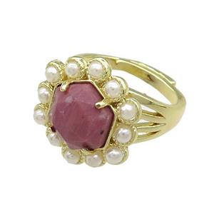 Copper Hexagon Rings Pave Pink Wood Lace Jasper Pearlized Resin Adjustable Gold Plated, approx 18mm, 18mm dia