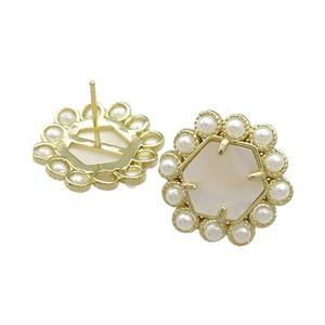 Copper Hexagon Stud Earrings Pave White Shell Pearlized Resin Gold Plated, approx 18mm