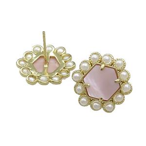 Copper Hexagon Stud Earrings Pave Pink Queen Shell Pearlized Resin Gold Plated, approx 18mm