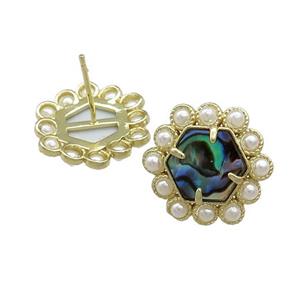Copper Hexagon Stud Earrings Pave Abalone Shell Pearlized Resin Gold Plated, approx 18mm