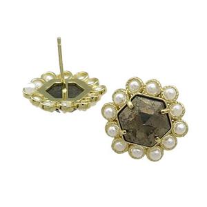 Copper Hexagon Stud Earrings Pave Pyrite Pearlized Resin Gold Plated, approx 18mm