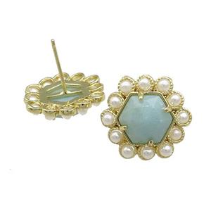 Copper Hexagon Stud Earrings Pave Blue Amazonite Pearlized Resin Gold Plated, approx 18mm