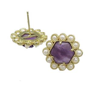 Copper Hexagon Stud Earrings Pave Amethyst Pearlized Resin Gold Plated, approx 18mm