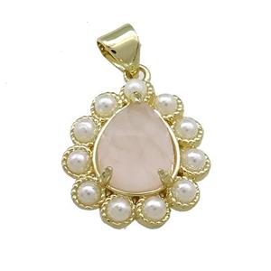 Copper Teardrop Pendant Pave Pink Rose Quartz Pearlized Resin Gold Plated, approx 16-18mm