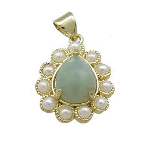 Copper Teardrop Pendant Pave Amazonite Pearlized Resin Gold Plated, approx 16-18mm
