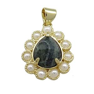 Copper Teardrop Pendant Pave Kambaba Jasper Pearlized Resin Gold Plated, approx 16-18mm