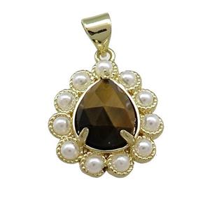 Copper Teardrop Pendant Pave Tiger Eye Stone Pearlized Resin Gold Plated, approx 16-18mm