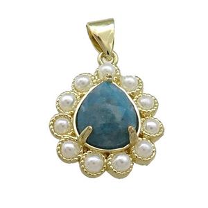 Copper Teardrop Pendant Pave Apatite Pearlized Resin Gold Plated, approx 16-18mm