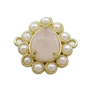 Copper Teardrop Connector Pave Rose Quartz Pearlized Resin Gold Plated, approx 16-18mm