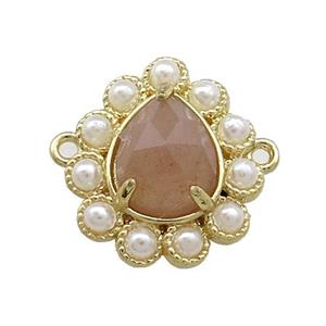 Copper Teardrop Connector Pave Peach Sunstone Pearlized Resin Gold Plated, approx 16-18mm