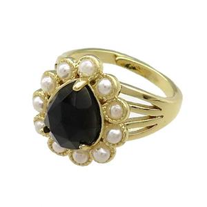 Copper Teardrop Rings Pave Onyx Pearlized Resin Adjustable Gold Plated, approx 16-18mm, 18mm dia