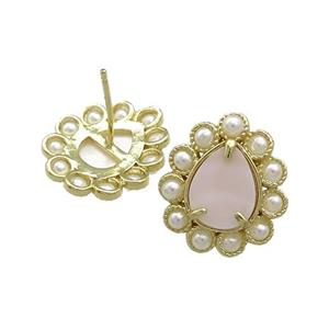 Copper Teardrop Stud Earrings Pave Pink Queen Shell Pearlized Resin Gold Plated, approx 16-18mm