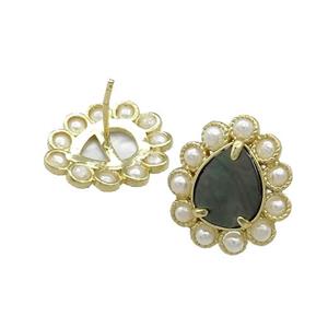 Copper Teardrop Stud Earrings Pave Gray Abalone Shell Pearlized Resin Gold Plated, approx 16-18mm