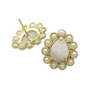 Copper Teardrop Stud Earrings Pave White Moonstone Pearlized Resin Gold Plated, approx 16-18mm