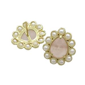 Copper Teardrop Stud Earrings Pave Rose Quartz Pearlized Resin Gold Plated, approx 16-18mm