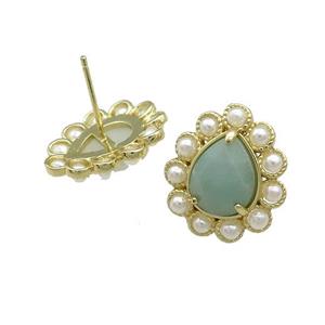 Copper Teardrop Stud Earrings Pave Blue Amazonite Pearlized Resin Gold Plated, approx 16-18mm