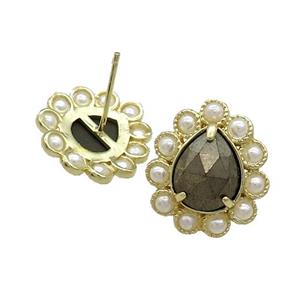 Copper Teardrop Stud Earrings Pave Pyrite Pearlized Resin Gold Plated, approx 16-18mm