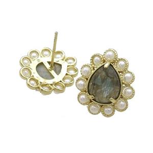 Copper Teardrop Stud Earrings Pave Labradorite Pearlized Resin Gold Plated, approx 16-18mm