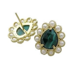 Copper Teardrop Stud Earrings Pave Green Malachite Pearlized Resin Gold Plated, approx 16-18mm