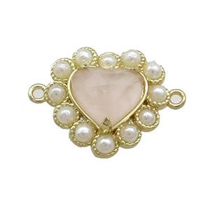 Copper Heart Connector Pave Rose Quartz Pearlized Resin Gold Plated, approx 18mm