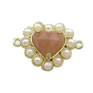 Copper Heart Connector Pave Peach Sunstone Pearlized Resin Gold Plated, approx 18mm