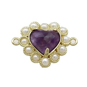 Copper Heart Connector Pave Amethyst Pearlized Resin Gold Plated, approx 18mm