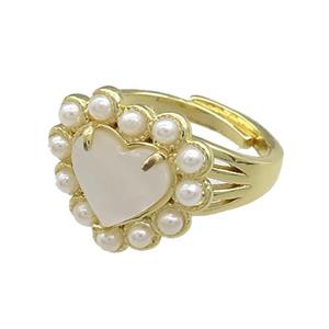 Copper Heart Rings Pave White Shell Pearlized Resin Adjustable Gold Plated, approx 18mm, 18mm dia