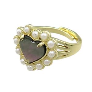 Copper Heart Rings Pave Gray Abalone Shell Pearlized Resin Adjustable Gold Plated, approx 18mm, 18mm dia