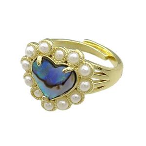 Copper Heart Rings Pave Abalone Shell Pearlized Resin Adjustable Gold Plated, approx 18mm, 18mm dia