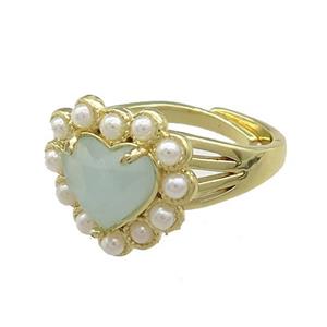 Copper Heart Rings Pave Amazonite Pearlized Resin Adjustable Gold Plated, approx 18mm, 18mm dia