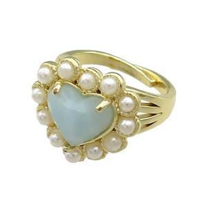 Copper Heart Rings Pave Blue Amazonite Pearlized Resin Adjustable Gold Plated, approx 18mm, 18mm dia